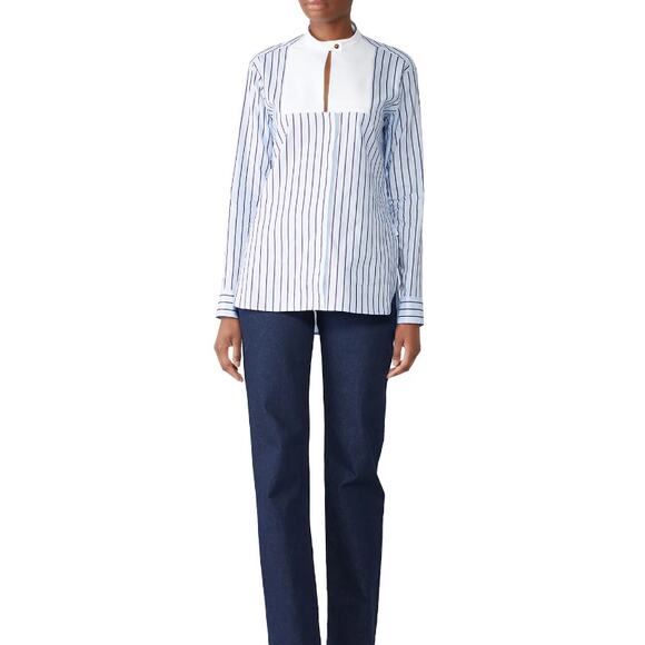 Rosetta Getty Tuxedo Shirt Women's 4 Blue White Long Sleeve High Neck Bib RTR - Picture 1 of 11